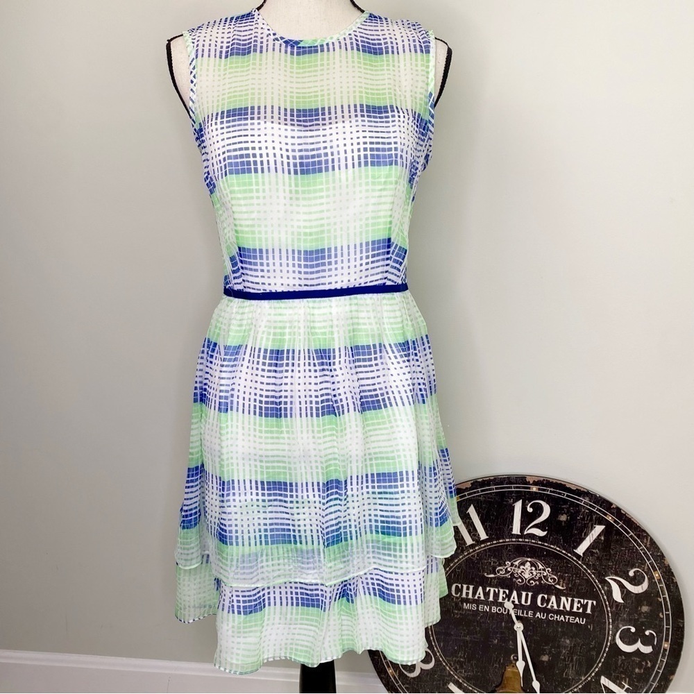 Shoshanna Jessica Silk Optical Plaid blue green cream size 6